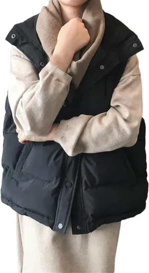 Rfmfkkg Women Solid Loose Vest Drawstring Stand Collar Long Vest Jacket Cotton Padded Warm Waistcoat