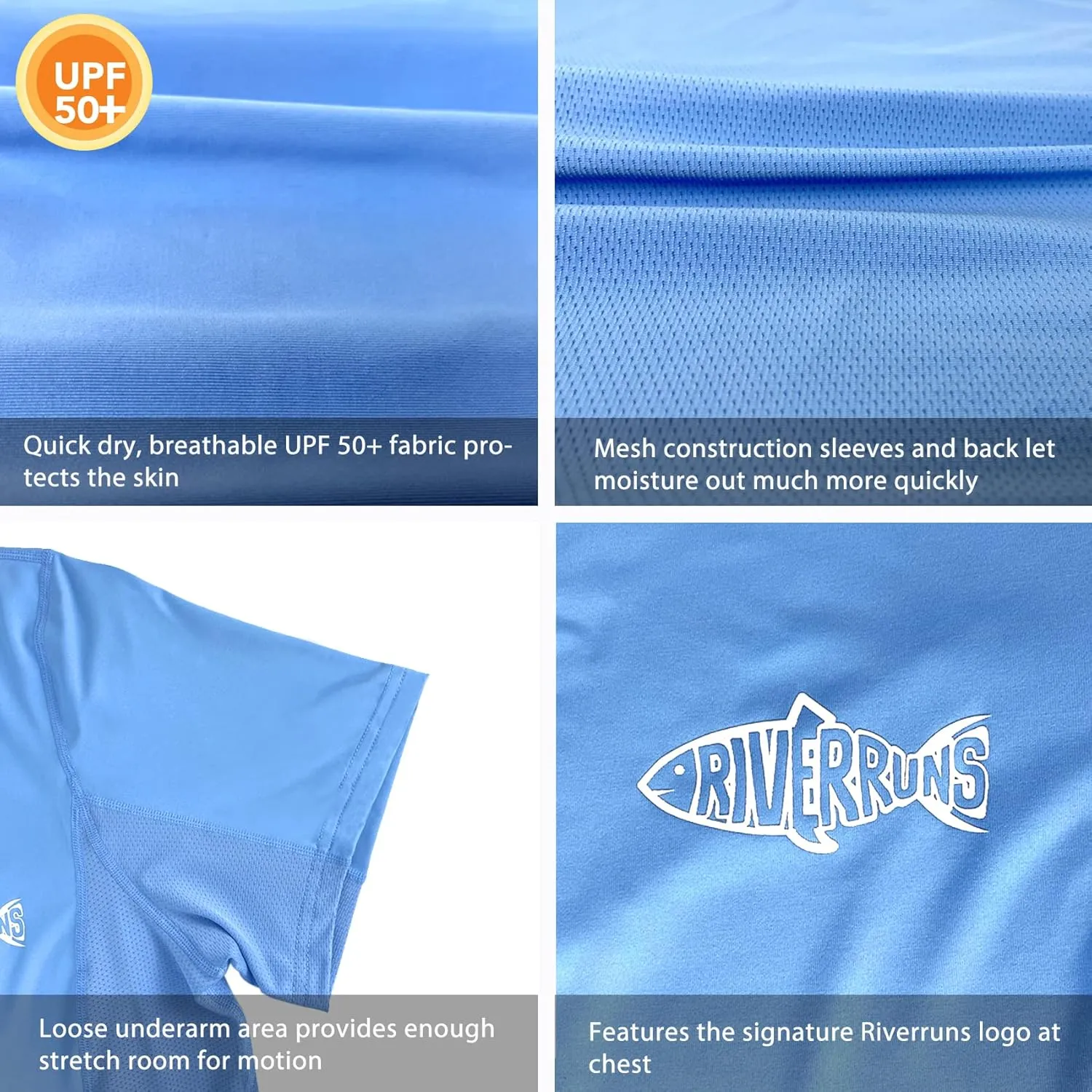 Riverruns Fishing T-Shirt Mens UPF 50  Sun Protection Fishing Shirt Short Sleeve Performance Tee