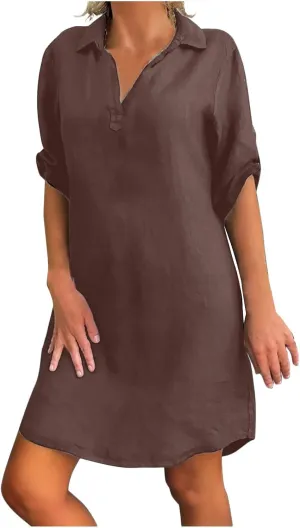 RKSTN Plus Size Dress for Women,Womens Cotton Linen Dresses Turn Down Collar Loose Fit Shirt Dress Oversized T Shirts Dress
