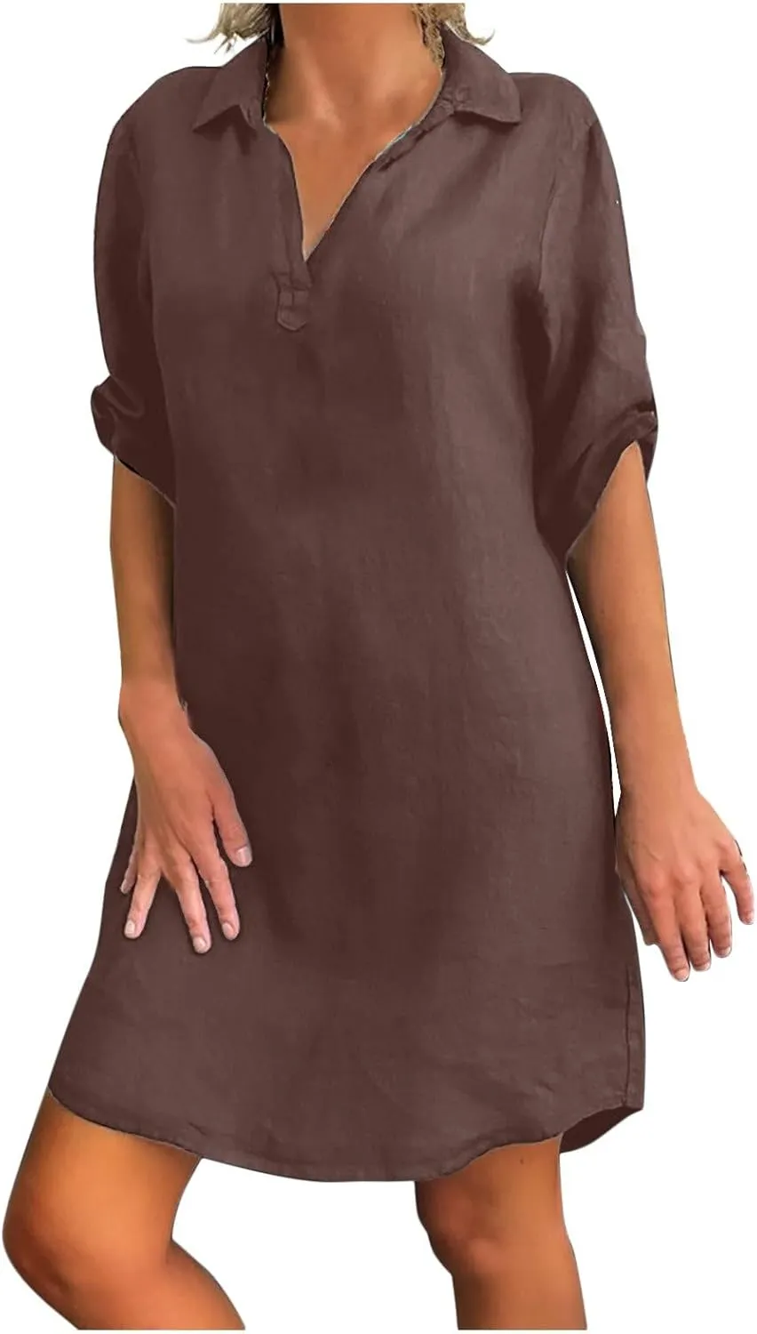 RKSTN Plus Size Dress for Women,Womens Cotton Linen Dresses Turn Down Collar Loose Fit Shirt Dress Oversized T Shirts Dress