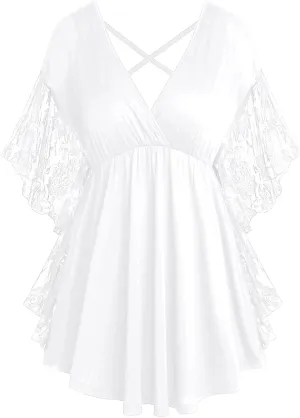 ROSE GAL Women's Plus Size Flower Lace Butterfly Sleeve T Shirt Curve Flower Lace Summer Casual Tunic