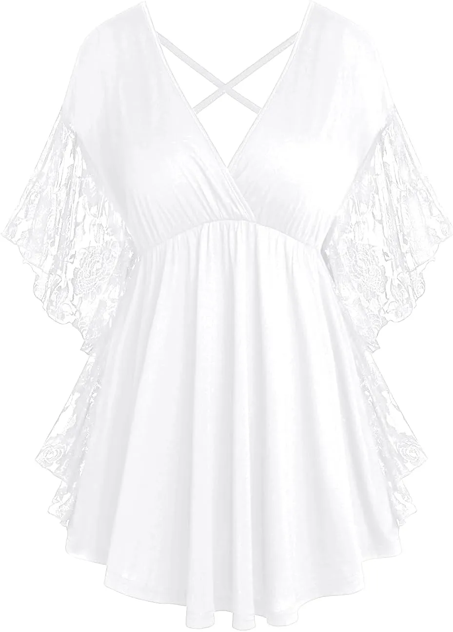 ROSE GAL Women's Plus Size Flower Lace Butterfly Sleeve T Shirt Curve Flower Lace Summer Casual Tunic