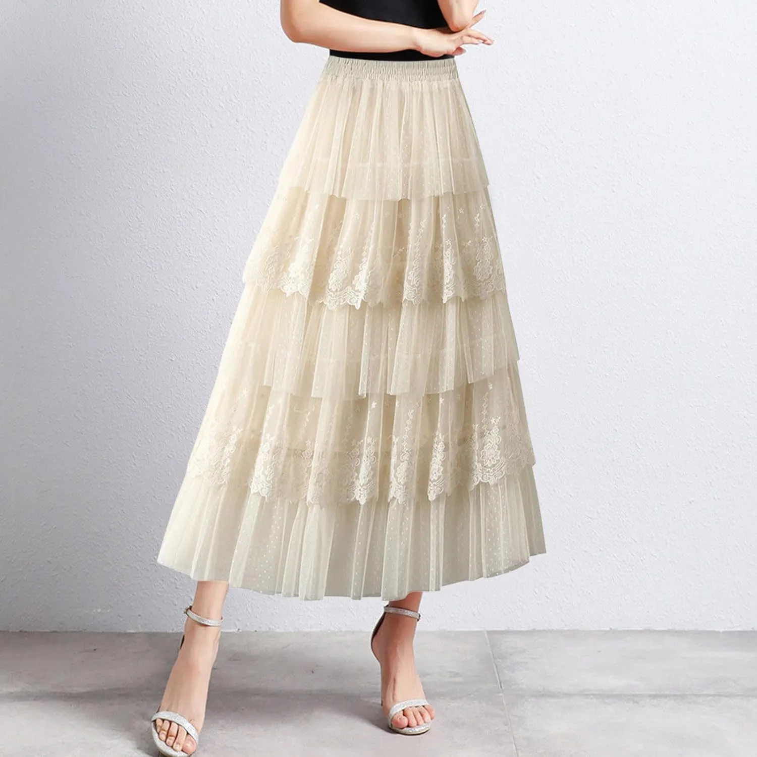 Rvidbe Lace Maxi Skirts for Women Summer Casual Elastic Waist A-Line Pleated Layered Long Skirt Flowy Tiered Tulle Skirts