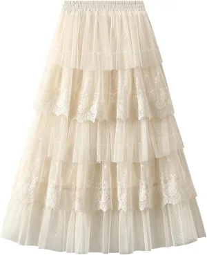 Rvidbe Lace Maxi Skirts for Women Summer Casual Elastic Waist A-Line Pleated Layered Long Skirt Flowy Tiered Tulle Skirts