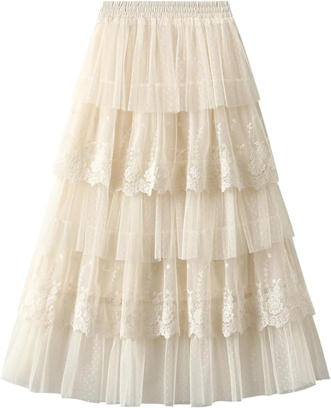 Rvidbe Lace Maxi Skirts for Women Summer Casual Elastic Waist A-Line Pleated Layered Long Skirt Flowy Tiered Tulle Skirts