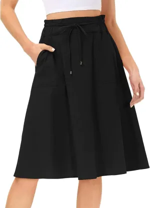 Rvidbe Women's Drawstring High Waisted Midi Skirts with Pockets Summer Casual Flowy Pleated A-Line Flared Cotton Skirts