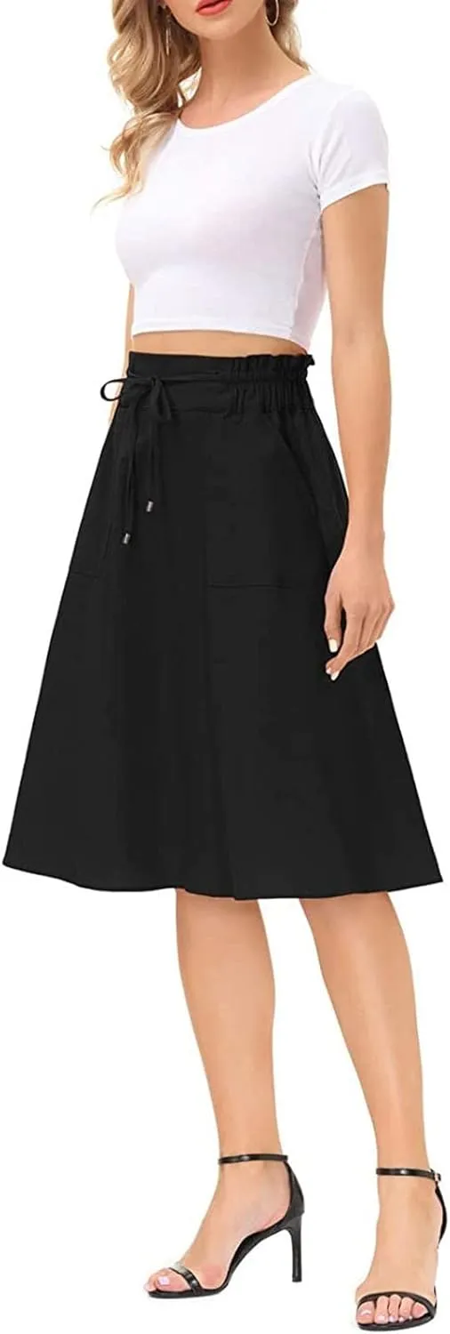 Rvidbe Women's Drawstring High Waisted Midi Skirts with Pockets Summer Casual Flowy Pleated A-Line Flared Cotton Skirts