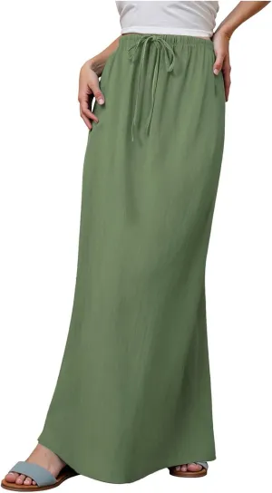 Rvidbe Womens Linen Maxi Skirts 2025 Summer Casual Vacation Boho Elastic Waist Drawstring Flared Flowy A-Line Long Skirt