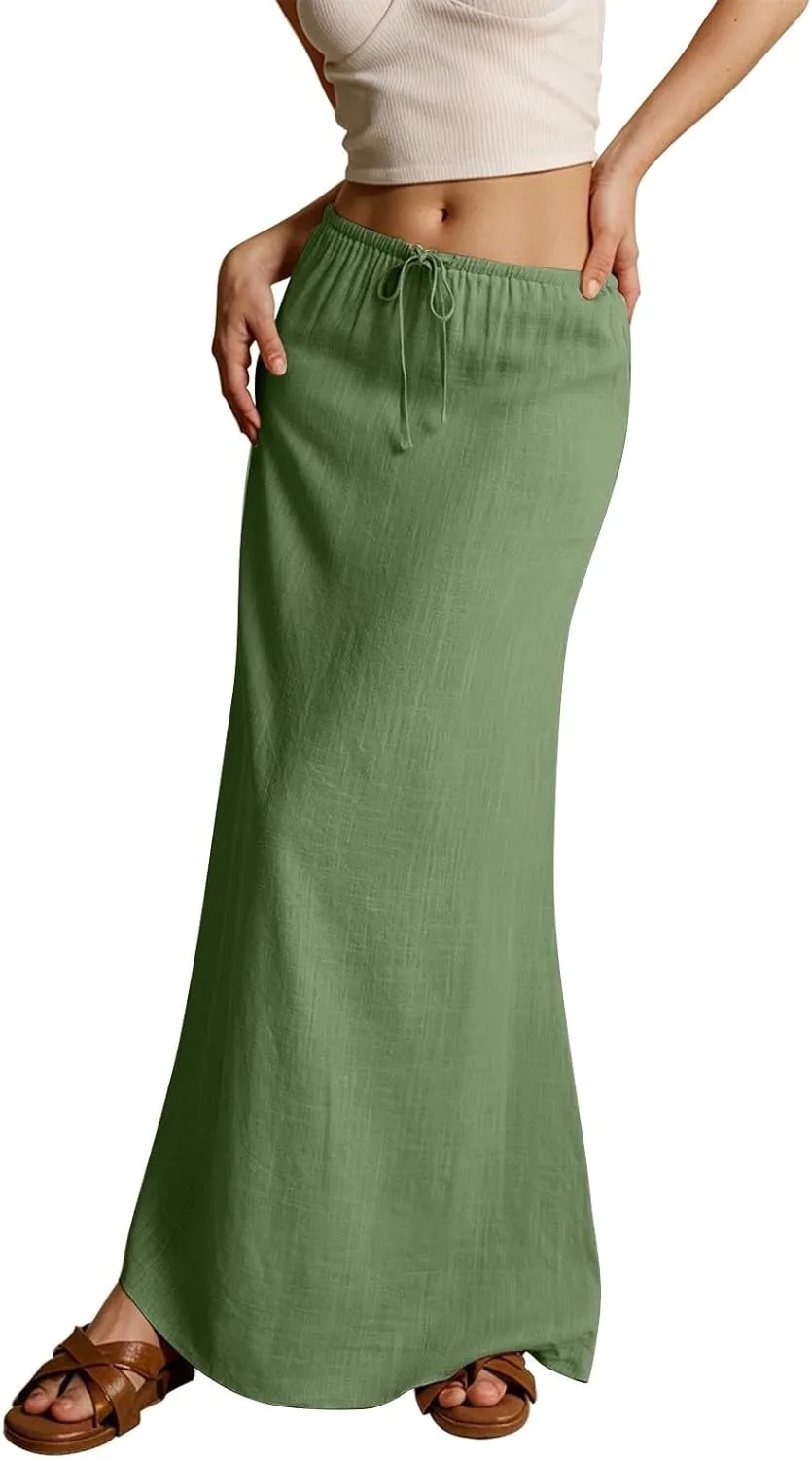 Rvidbe Womens Linen Maxi Skirts 2025 Summer Casual Vacation Boho Elastic Waist Drawstring Flared Flowy A-Line Long Skirt