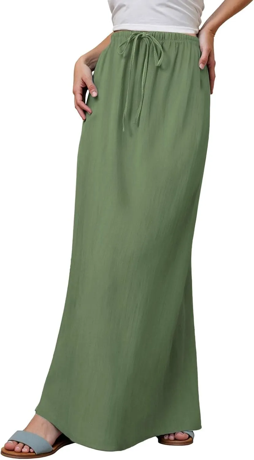 Rvidbe Womens Linen Maxi Skirts 2025 Summer Casual Vacation Boho Elastic Waist Drawstring Flared Flowy A-Line Long Skirt