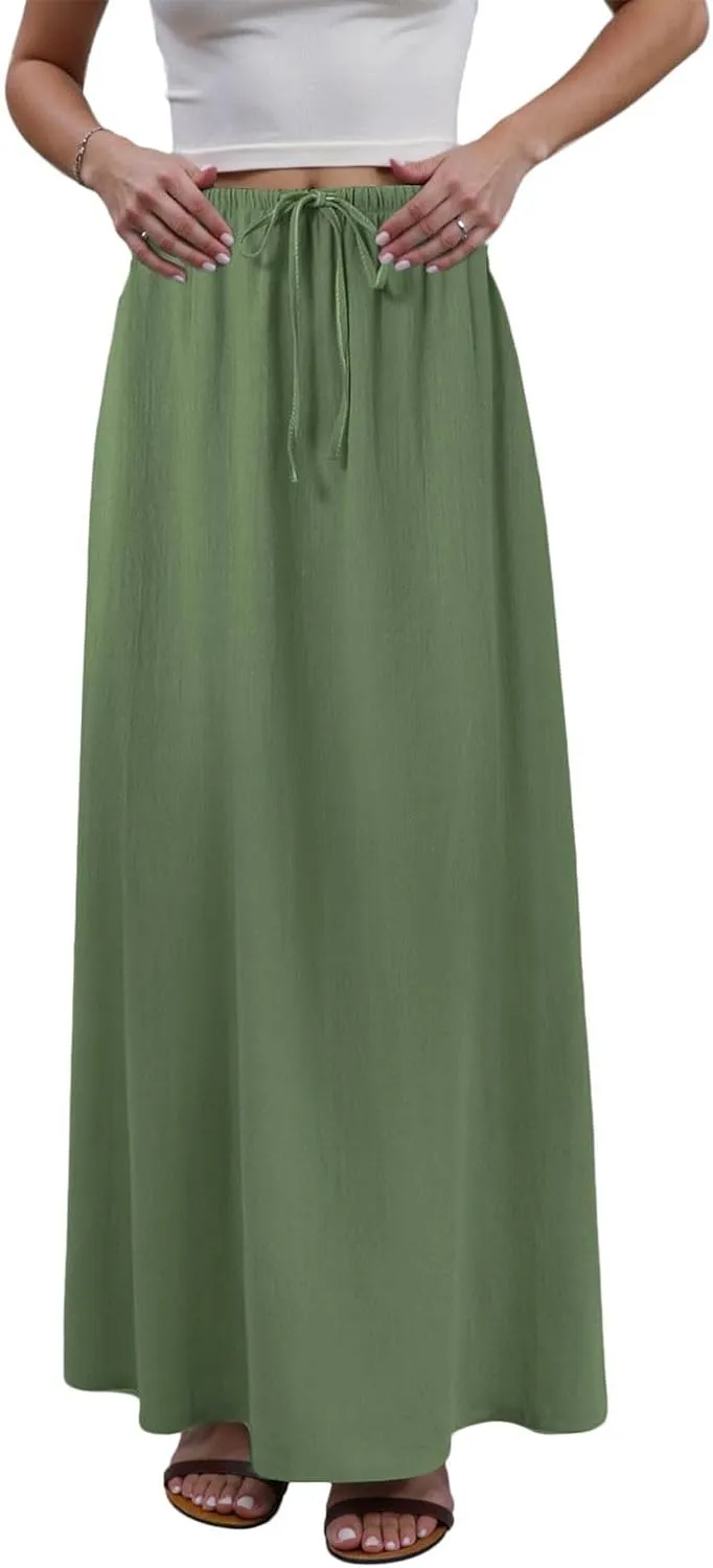 Rvidbe Womens Linen Maxi Skirts 2025 Summer Casual Vacation Boho Elastic Waist Drawstring Flared Flowy A-Line Long Skirt
