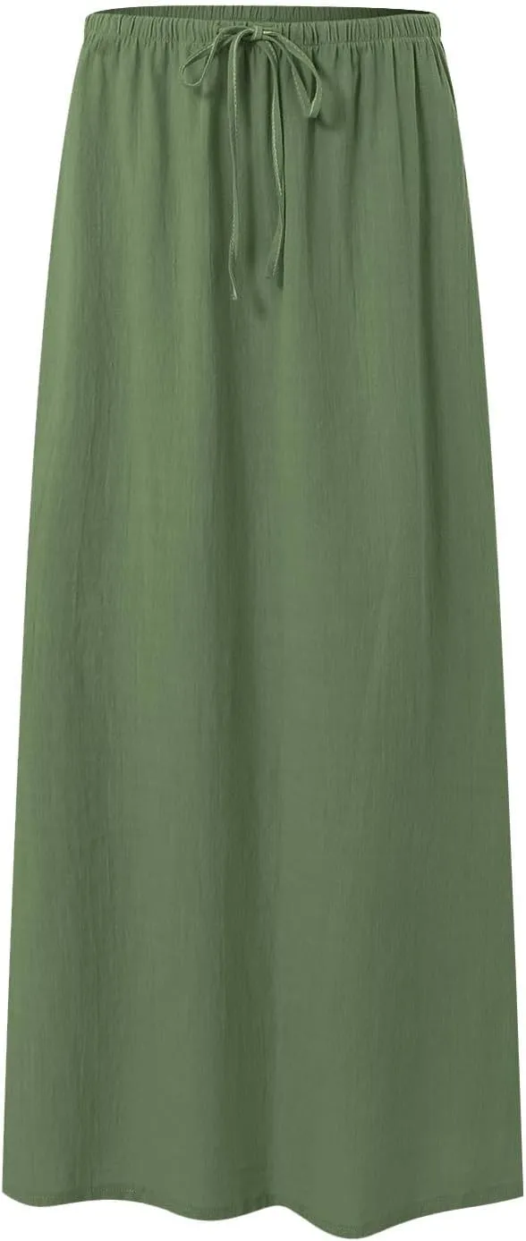Rvidbe Womens Linen Maxi Skirts 2025 Summer Casual Vacation Boho Elastic Waist Drawstring Flared Flowy A-Line Long Skirt