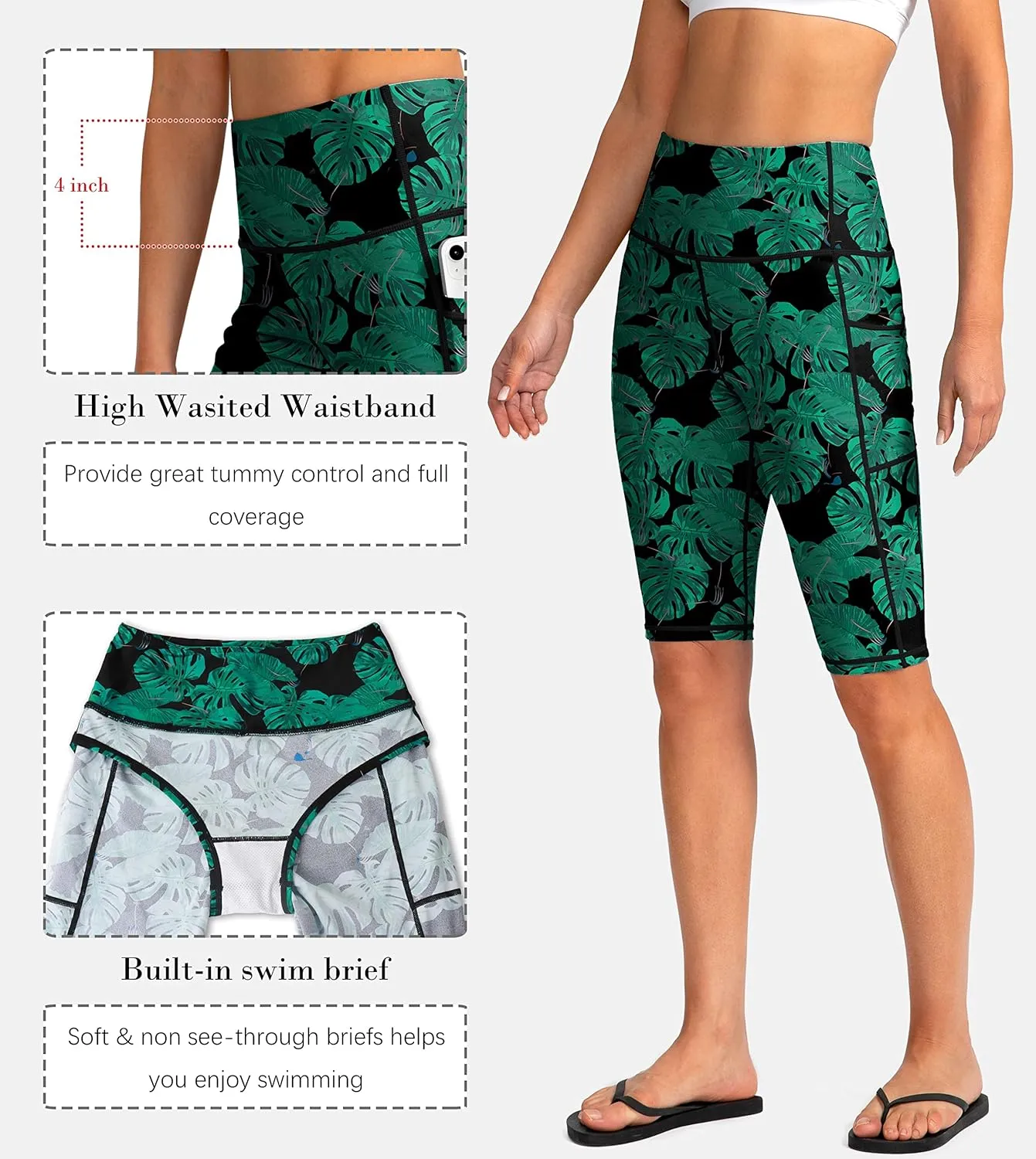 SANTINY Women's 8''/12'' High Waisted Swim Shorts with Pockets UPF50  Long Board Swimming Shorts for Women with Liner