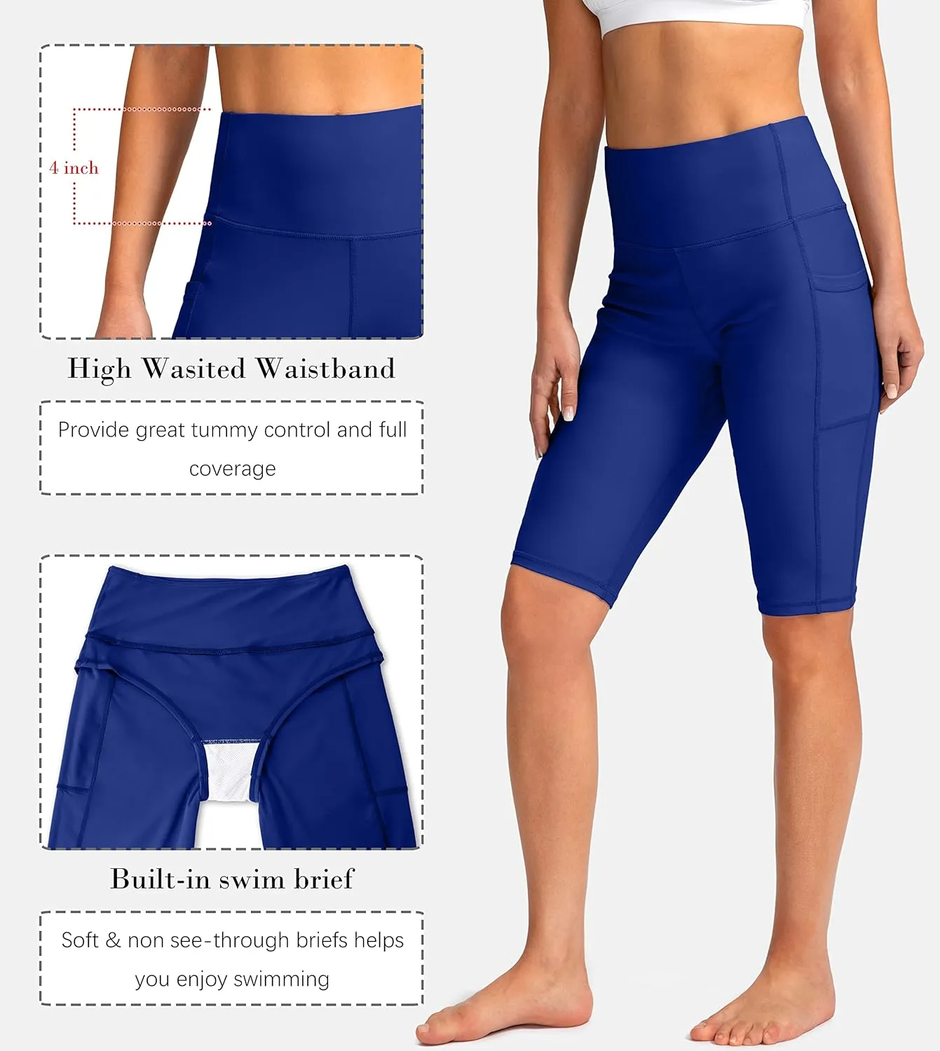 SANTINY Women's 8''/12'' High Waisted Swim Shorts with Pockets UPF50  Long Board Swimming Shorts for Women with Liner