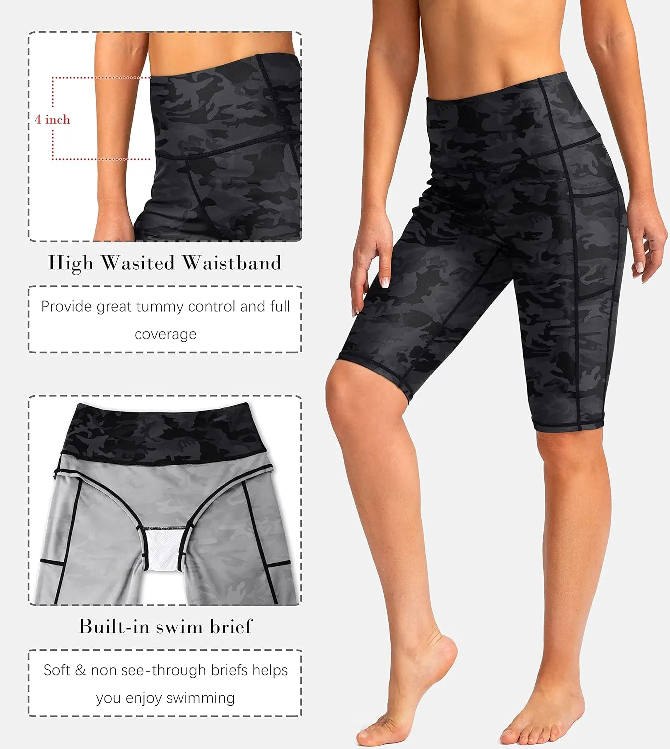 SANTINY Women's 8''/12'' High Waisted Swim Shorts with Pockets UPF50  Long Board Swimming Shorts for Women with Liner