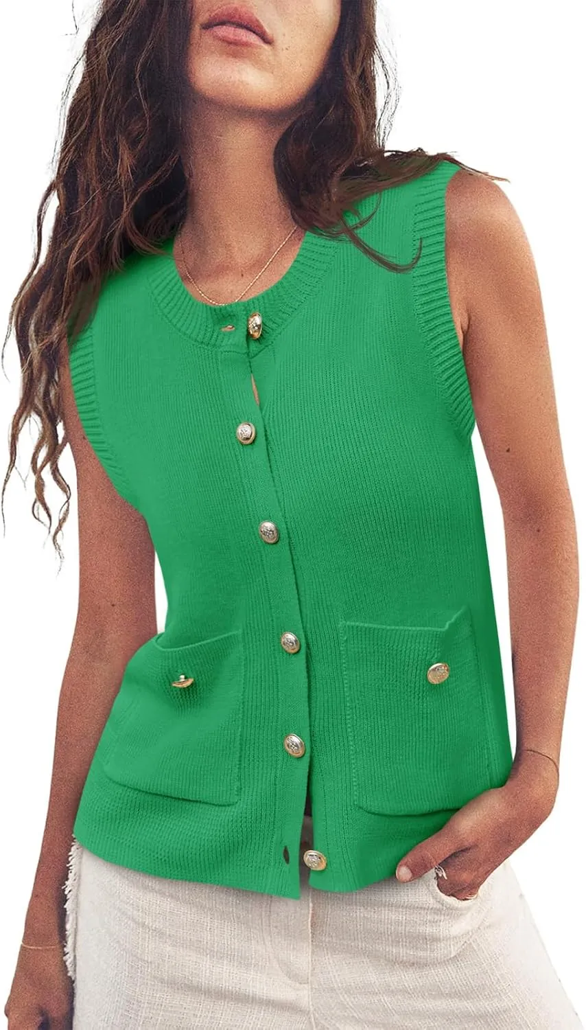 Saodimallsu Womens Summer Cropped Sweater Vest Sleeveless Button Ribbed Knit Crew Neck Cardigan Vests Top with Pockets