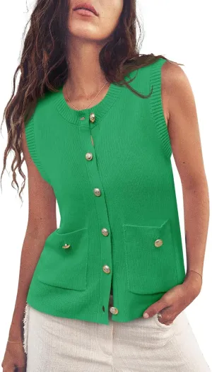 Saodimallsu Womens Summer Cropped Sweater Vest Sleeveless Button Ribbed Knit Crew Neck Cardigan Vests Top with Pockets