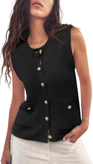 Saodimallsu Womens Summer Cropped Sweater Vest Sleeveless Button Ribbed Knit Crew Neck Cardigan Vests Top with Pockets