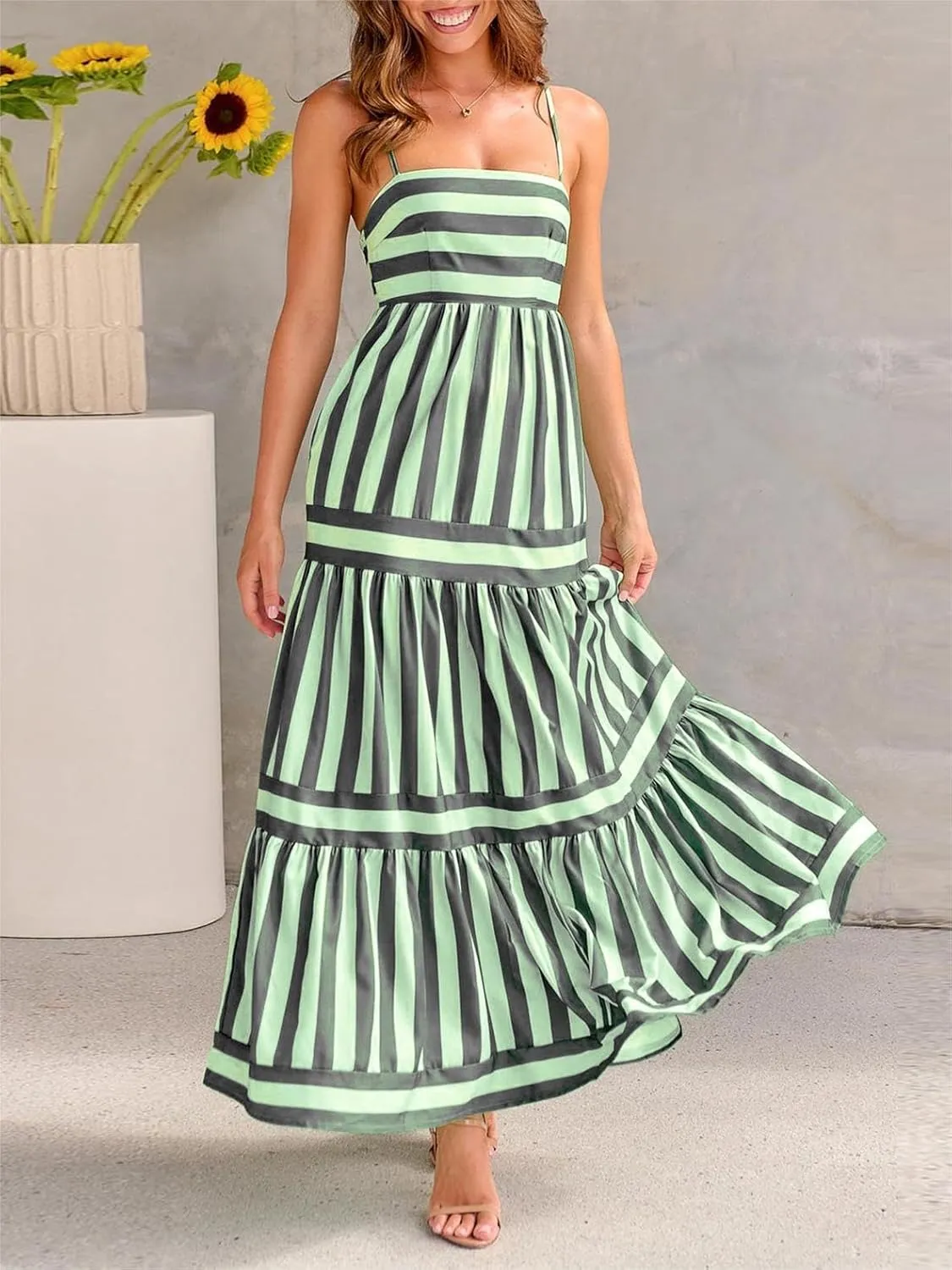 Sastianaen Women Y2k Boho Maxi Dress Striped Print Cami Long Dress Summer Holiday Beach Smocked Sundress
