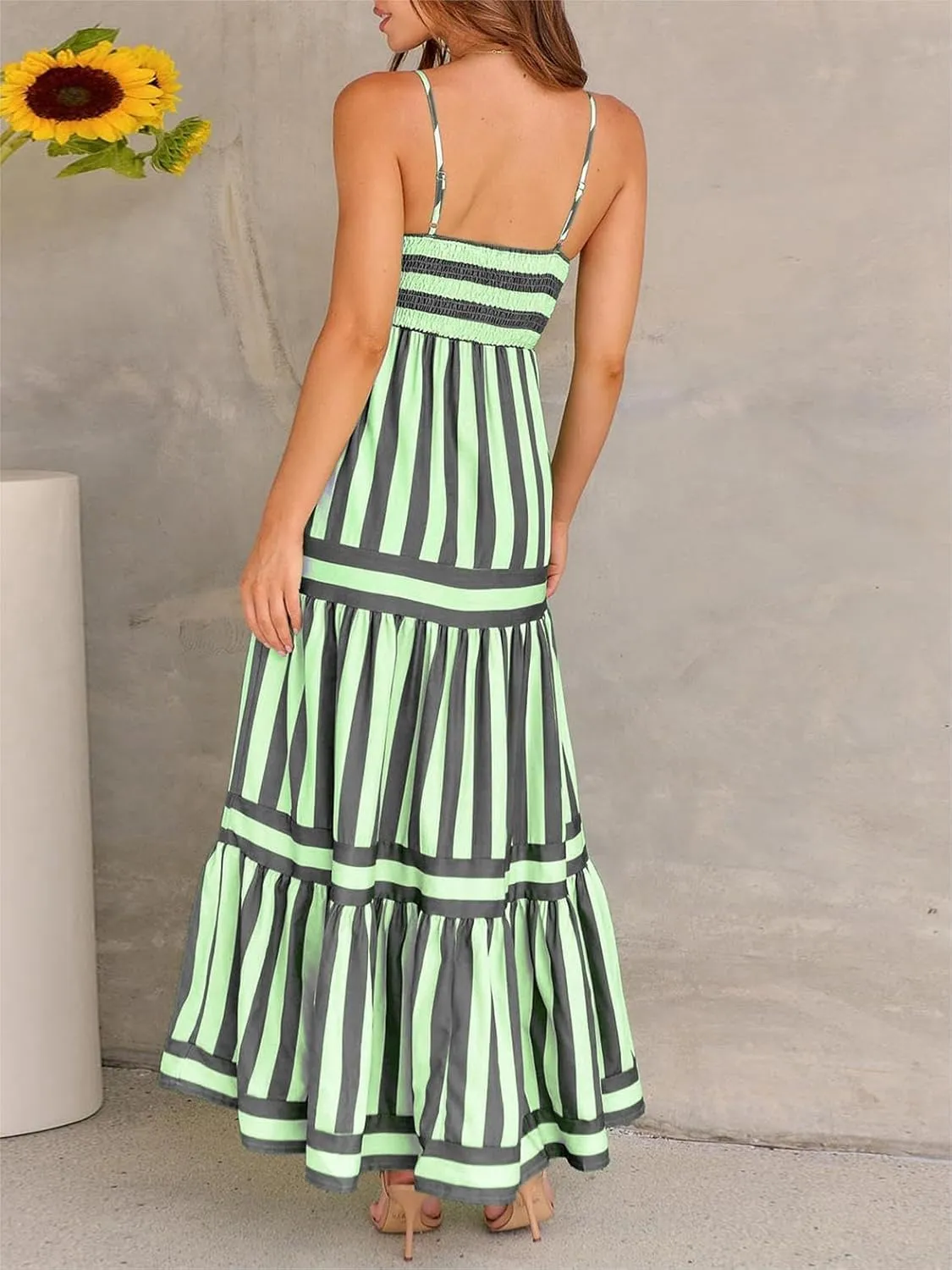 Sastianaen Women Y2k Boho Maxi Dress Striped Print Cami Long Dress Summer Holiday Beach Smocked Sundress