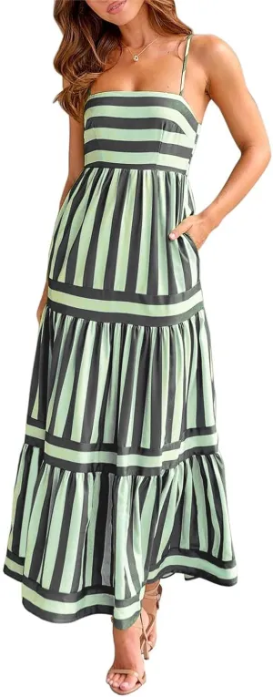 Sastianaen Women Y2k Boho Maxi Dress Striped Print Cami Long Dress Summer Holiday Beach Smocked Sundress