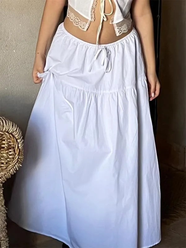 Sastianaen Women Y2k Ruffle Maxi Skirt Vintage Flowy A Line Tiered Long Skirt Boho High Waist Skirt Going Out Beachwear