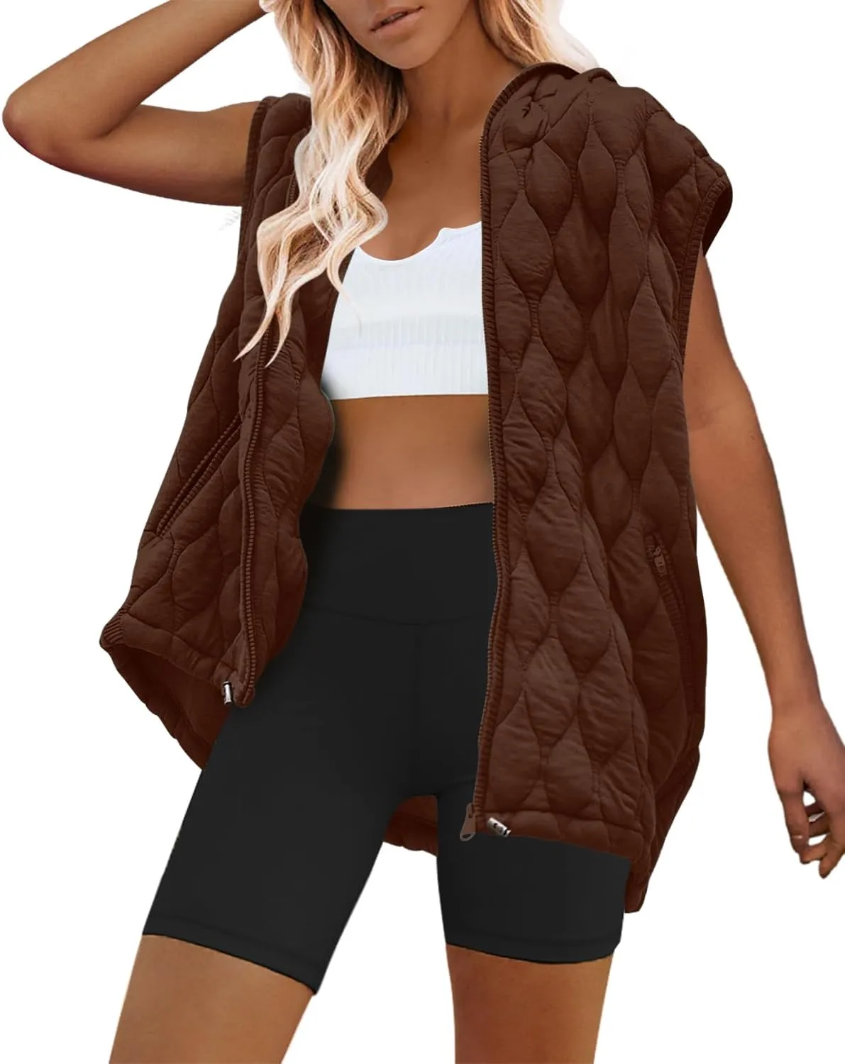 SENSERISE Womens Oversized Puffer Vest Sleeveless Quilted Jacket Zip Up Hoodie Winter Coat with Pockets Padded Gilet