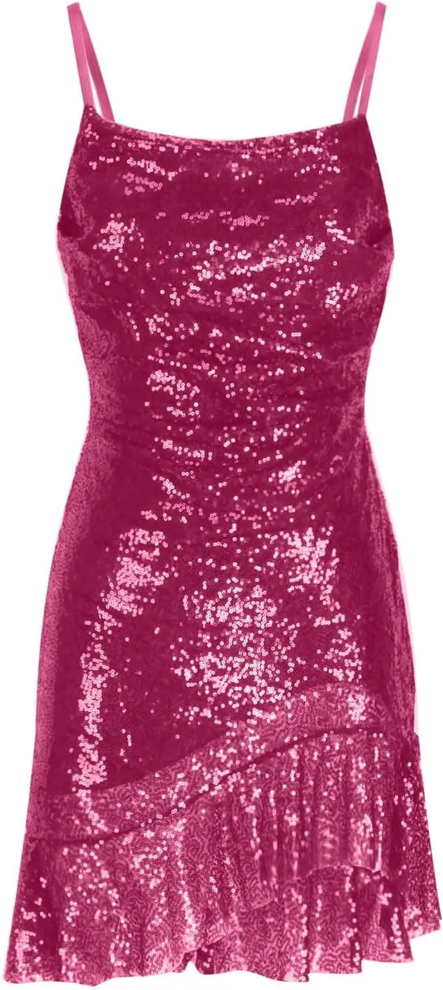 Sequin Cami Dress Women Sexy Sleeveless Strap Mini Dresses Ruched Sparkly Bodycon Sundress Irregular Ruffle Hem Gowns