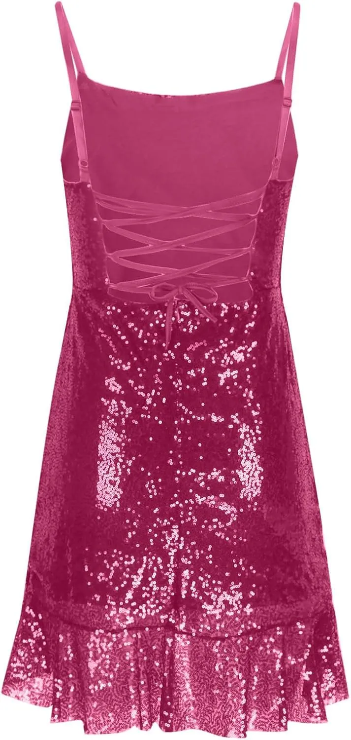 Sequin Cami Dress Women Sexy Sleeveless Strap Mini Dresses Ruched Sparkly Bodycon Sundress Irregular Ruffle Hem Gowns