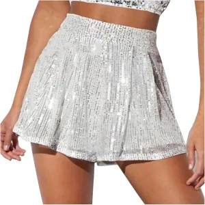 Sequin Sparkle Shorts for Women with Liner Pleated Y2K Flowy Shorts High Waisted Night Out Cute Party Mini Skort