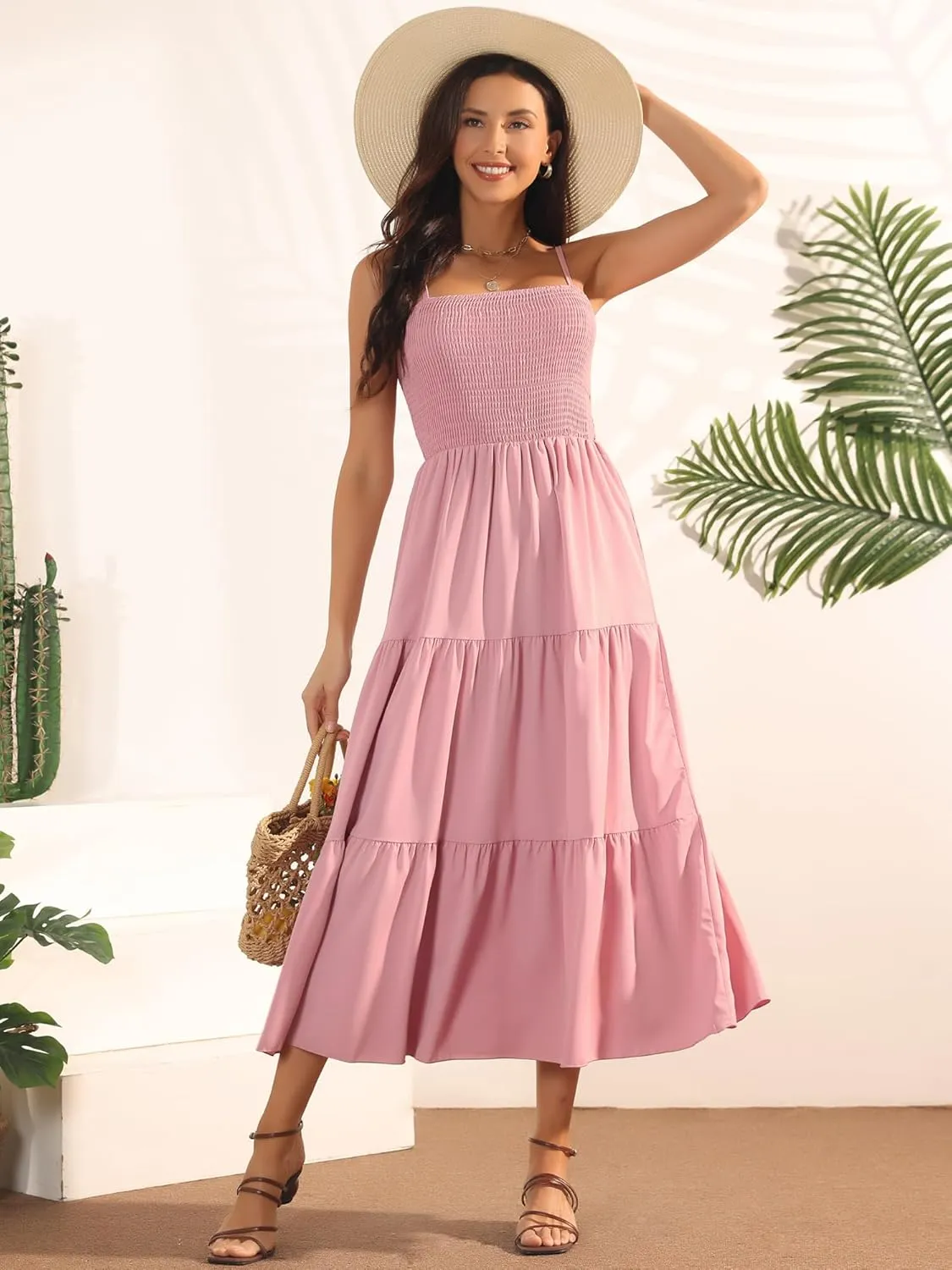 Seta T Women's Summer Spaghetti Strap Dress Casual Boho Sleeveless Smocked Maxi Dresses Tiered Beach Sundress