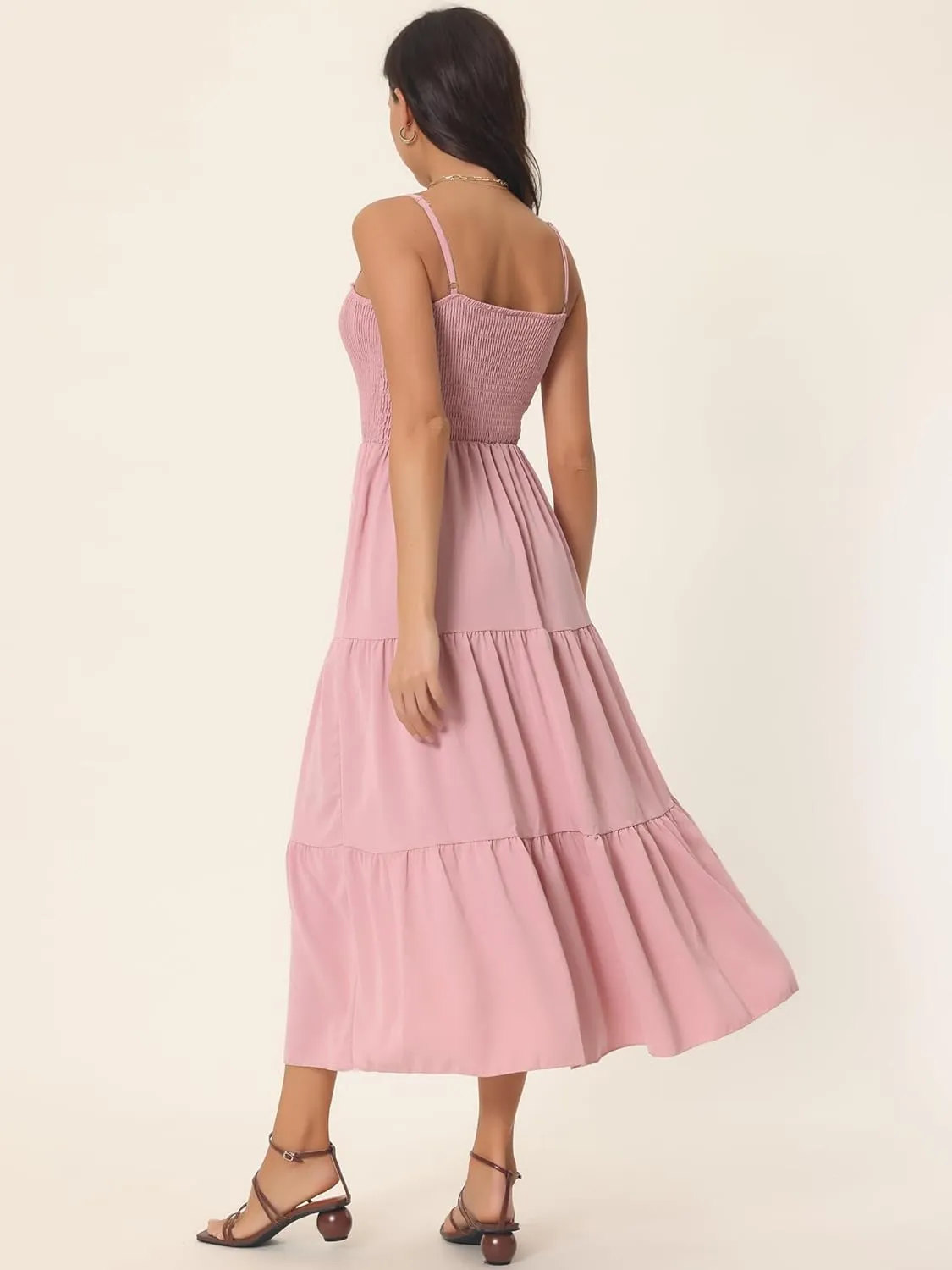 Seta T Women's Summer Spaghetti Strap Dress Casual Boho Sleeveless Smocked Maxi Dresses Tiered Beach Sundress