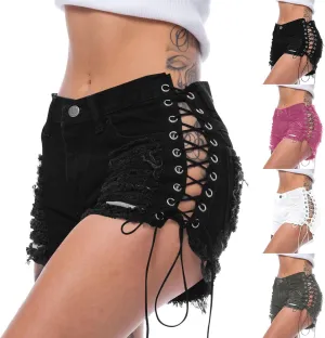 Sexy Distressed Jean Shorts Womens High Waisted Lace Up Denim Shorts with Pockets Night Party Ripped Short Jeans 2025
