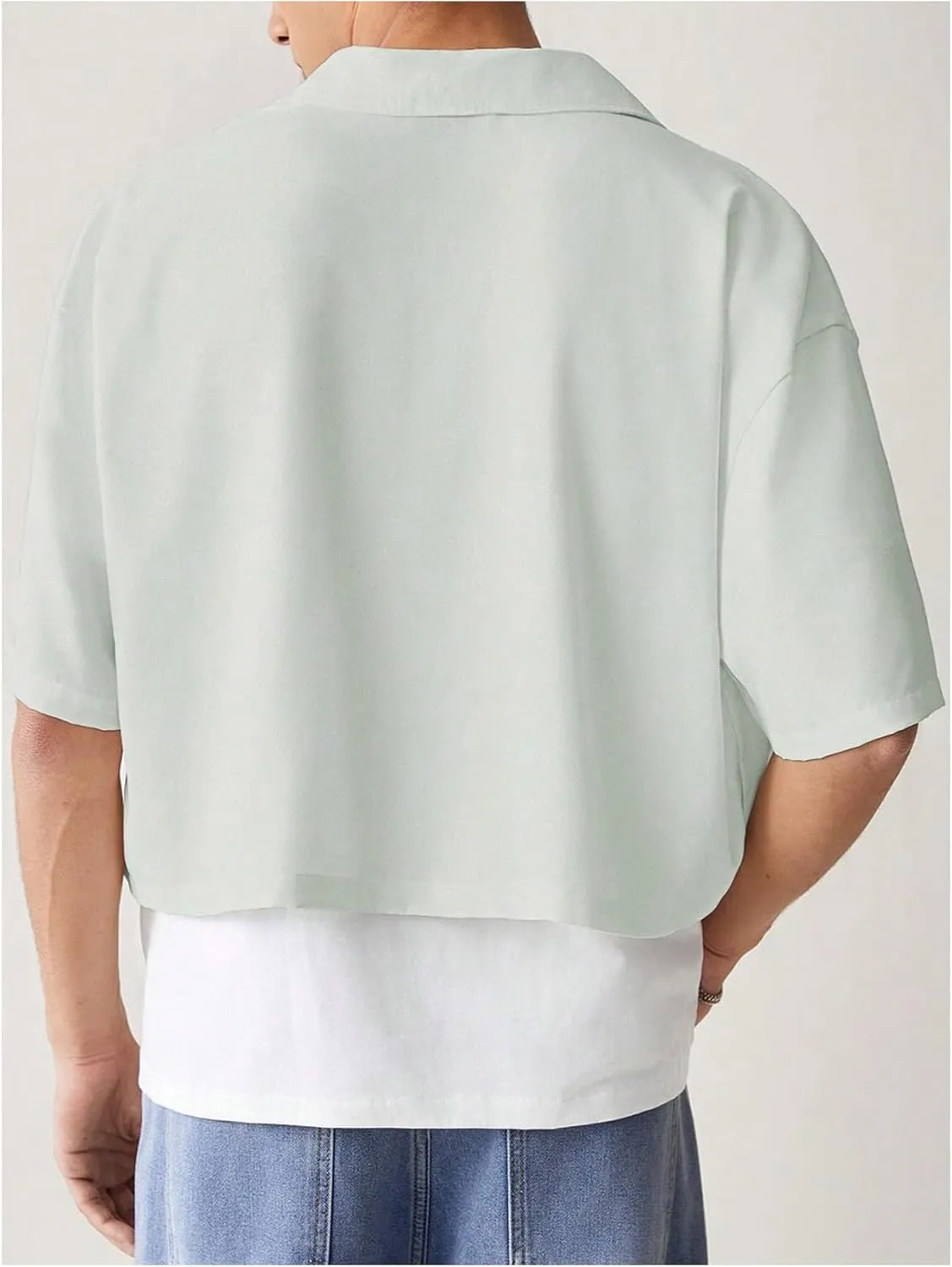 SHENHE Men's Summer Short Sleeve Button Down Crop Shirt Loose Fit Casual Shirt with Pockets