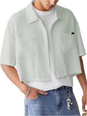 SHENHE Men's Summer Short Sleeve Button Down Crop Shirt Loose Fit Casual Shirt with Pockets