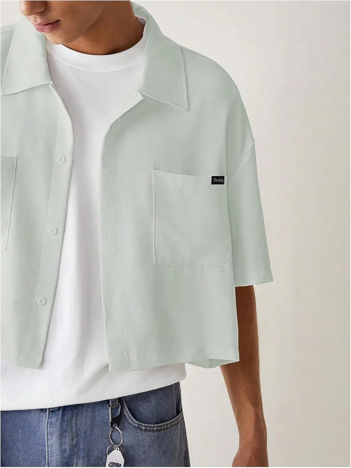 SHENHE Men's Summer Short Sleeve Button Down Crop Shirt Loose Fit Casual Shirt with Pockets