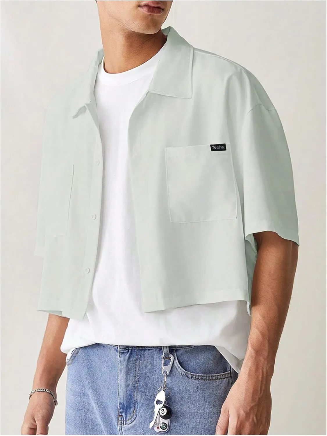 SHENHE Men's Summer Short Sleeve Button Down Crop Shirt Loose Fit Casual Shirt with Pockets