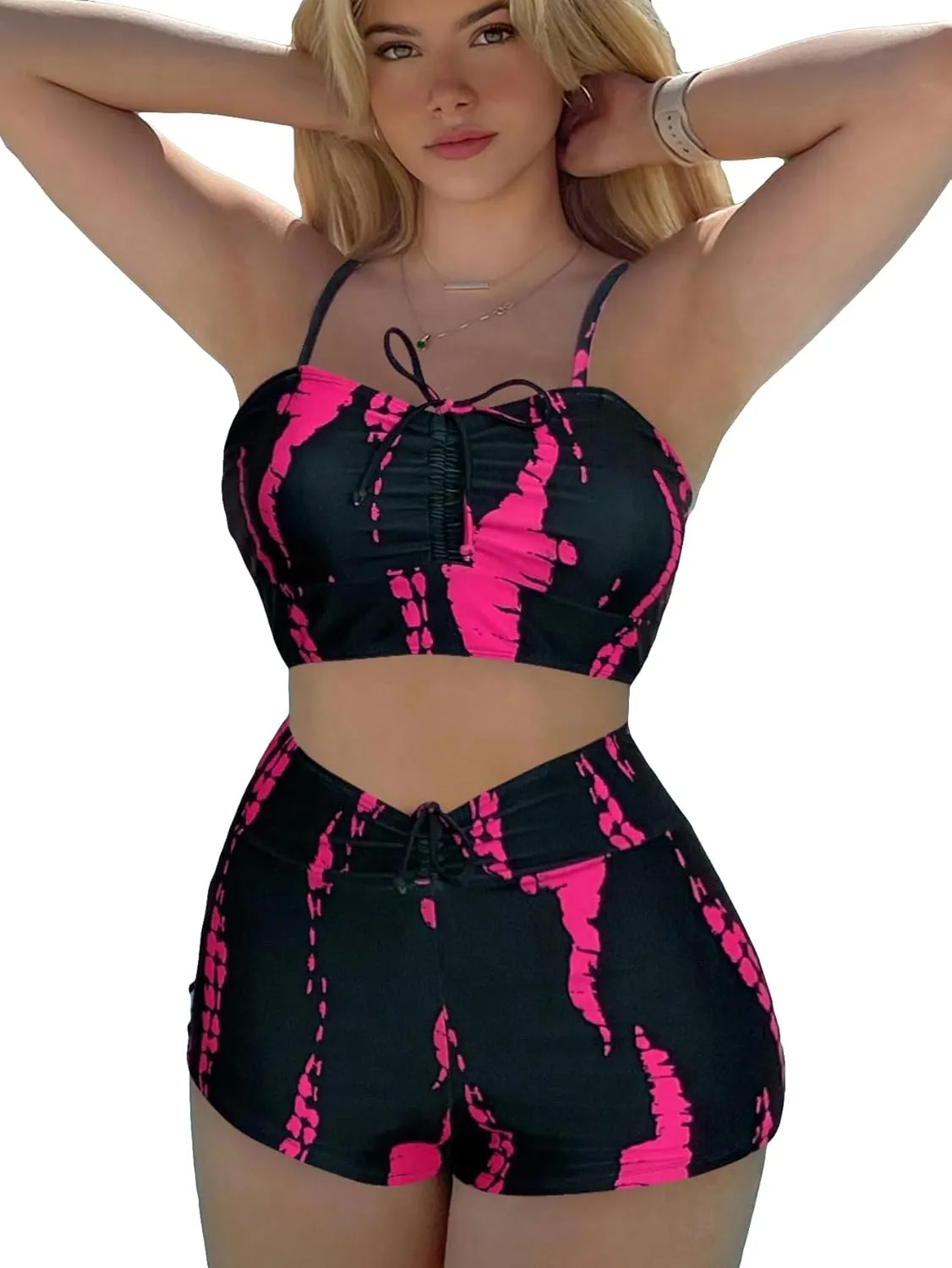 SHENHE Women's Tie Dye Tankini Swimsuits High Waisted Tummy Control Bikini Sets