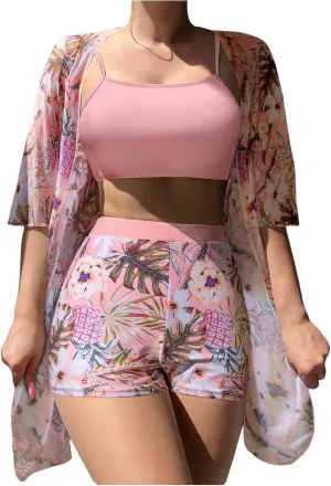 SHENHE Women's Tropical Bikini Set High Waisted Boyshorts 3 Piece Swimsuits with Kimono Cover Up