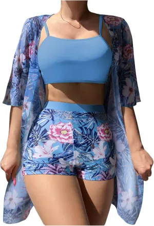 SHENHE Women's Tropical Bikini Set High Waisted Boyshorts 3 Piece Swimsuits with Kimono Cover Up