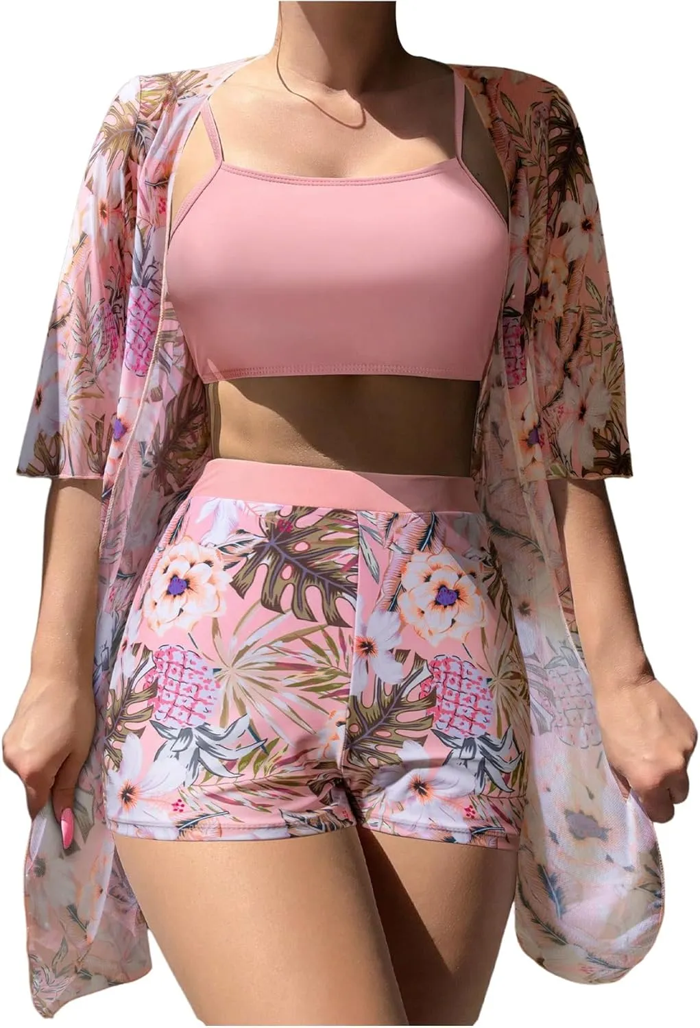 SHENHE Women's Tropical Bikini Set High Waisted Boyshorts 3 Piece Swimsuits with Kimono Cover Up