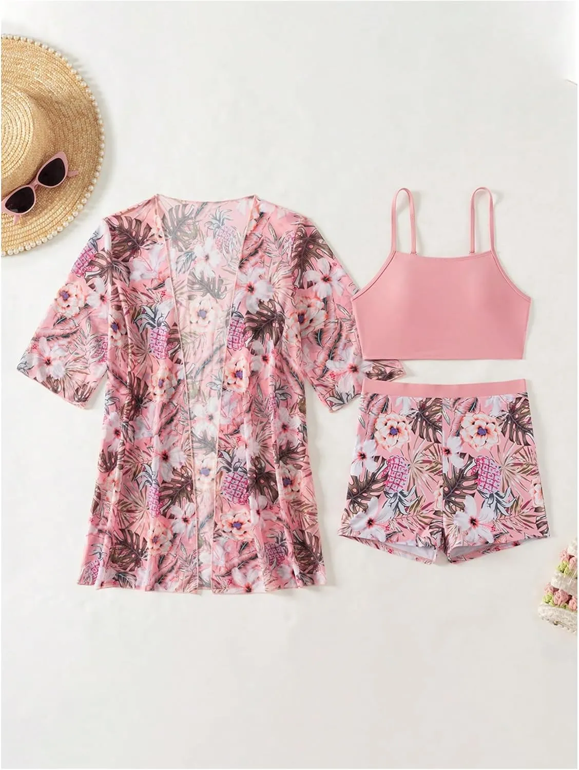 SHENHE Women's Tropical Bikini Set High Waisted Boyshorts 3 Piece Swimsuits with Kimono Cover Up