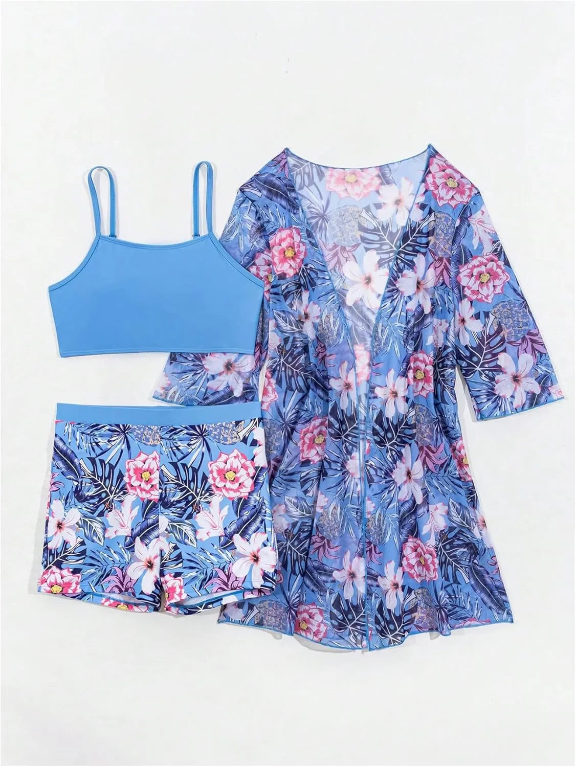 SHENHE Women's Tropical Bikini Set High Waisted Boyshorts 3 Piece Swimsuits with Kimono Cover Up