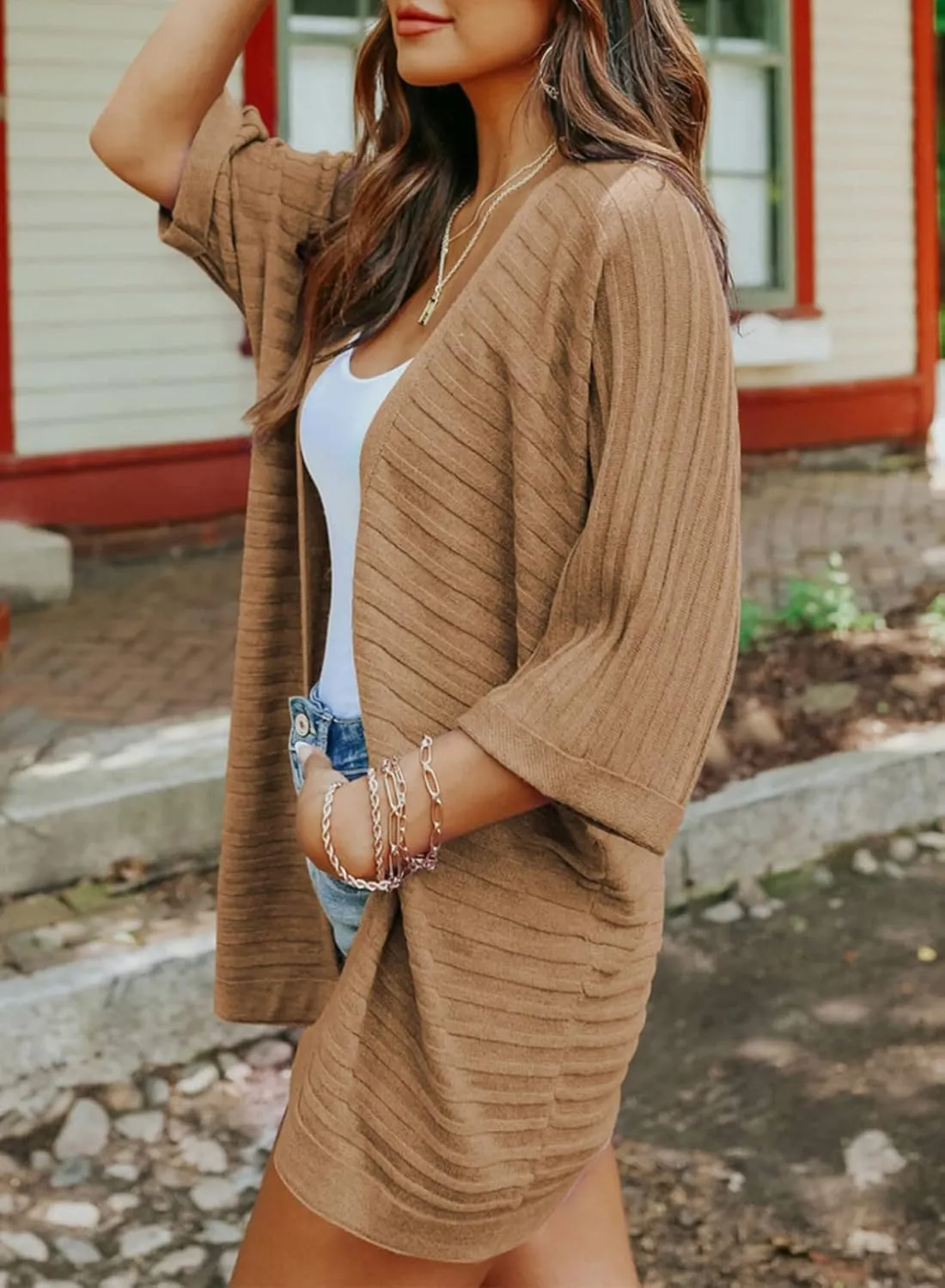 SHEWIN Women's Casual 3/4 Short Sleeve Open Front Lightweight Cable Knit Kimono Cardigan Sweaters