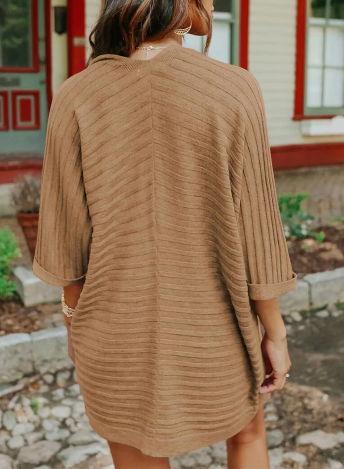 SHEWIN Women's Casual 3/4 Short Sleeve Open Front Lightweight Cable Knit Kimono Cardigan Sweaters