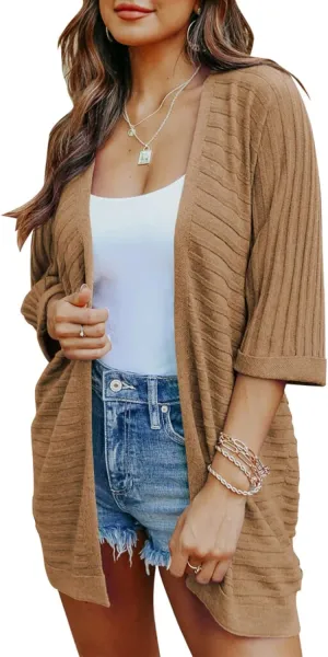 SHEWIN Women's Casual 3/4 Short Sleeve Open Front Lightweight Cable Knit Kimono Cardigan Sweaters