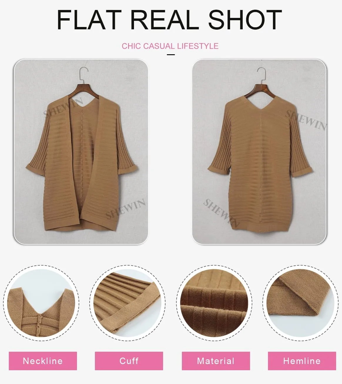 SHEWIN Women's Casual 3/4 Short Sleeve Open Front Lightweight Cable Knit Kimono Cardigan Sweaters