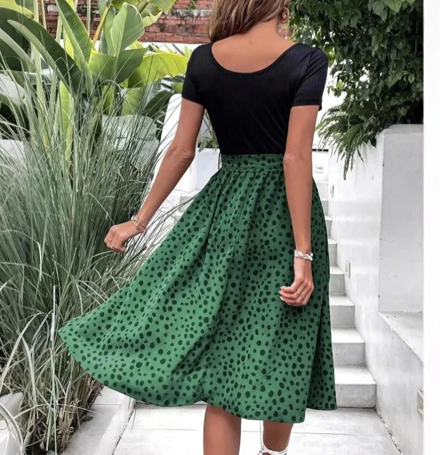 Short Sleeve Summer Dresses for Women Bow Tie Waist Scoop Neck Flowy Midi Dress Patchwork Wave Point Print Boho Dress