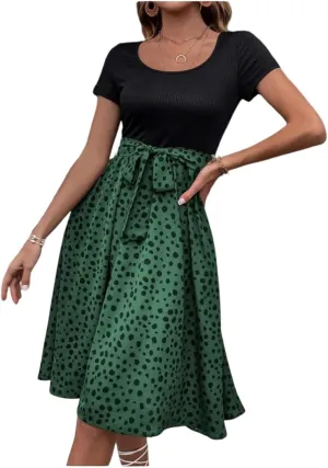 Short Sleeve Summer Dresses for Women Bow Tie Waist Scoop Neck Flowy Midi Dress Patchwork Wave Point Print Boho Dress