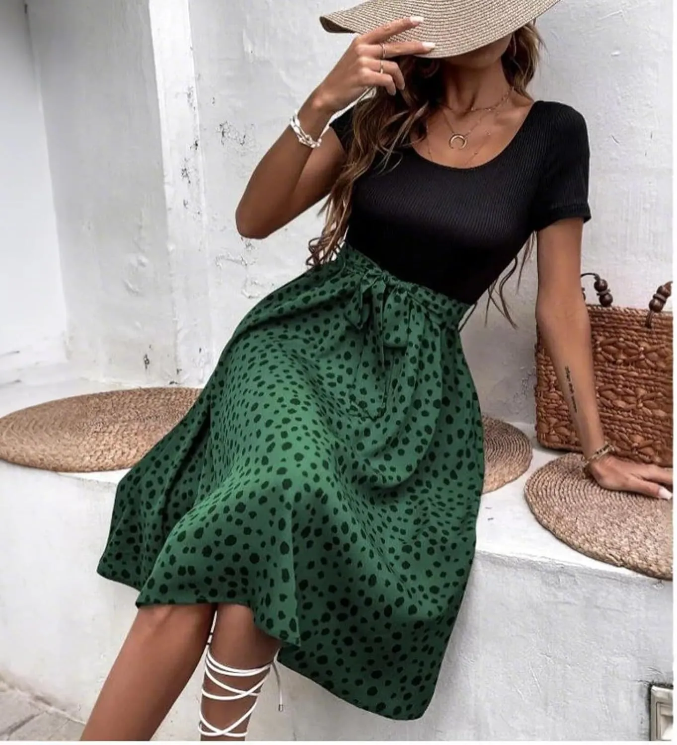Short Sleeve Summer Dresses for Women Bow Tie Waist Scoop Neck Flowy Midi Dress Patchwork Wave Point Print Boho Dress